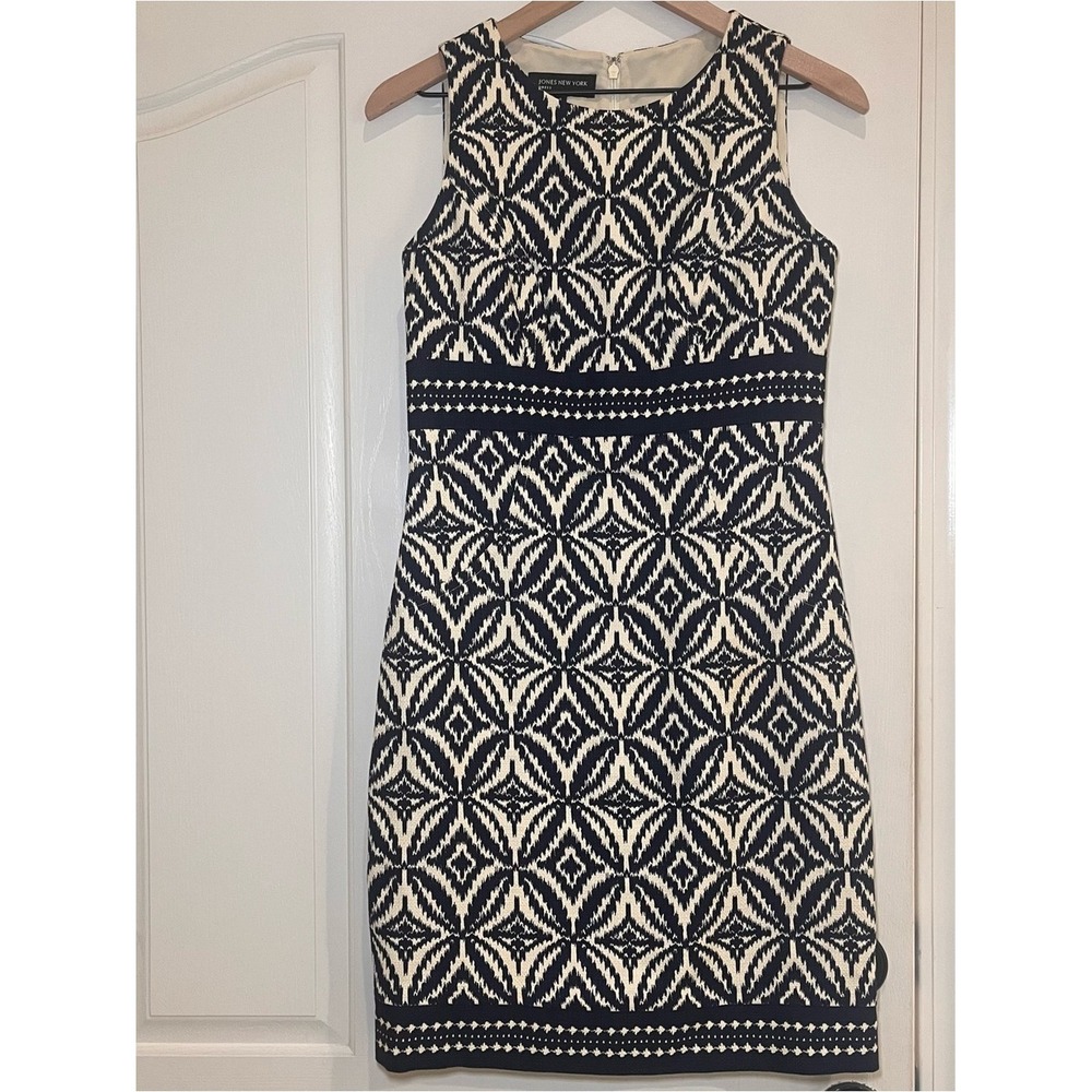 Jones New York Navy Ivory Embellished Lined Sleeveless Sheath Dress Sz 4